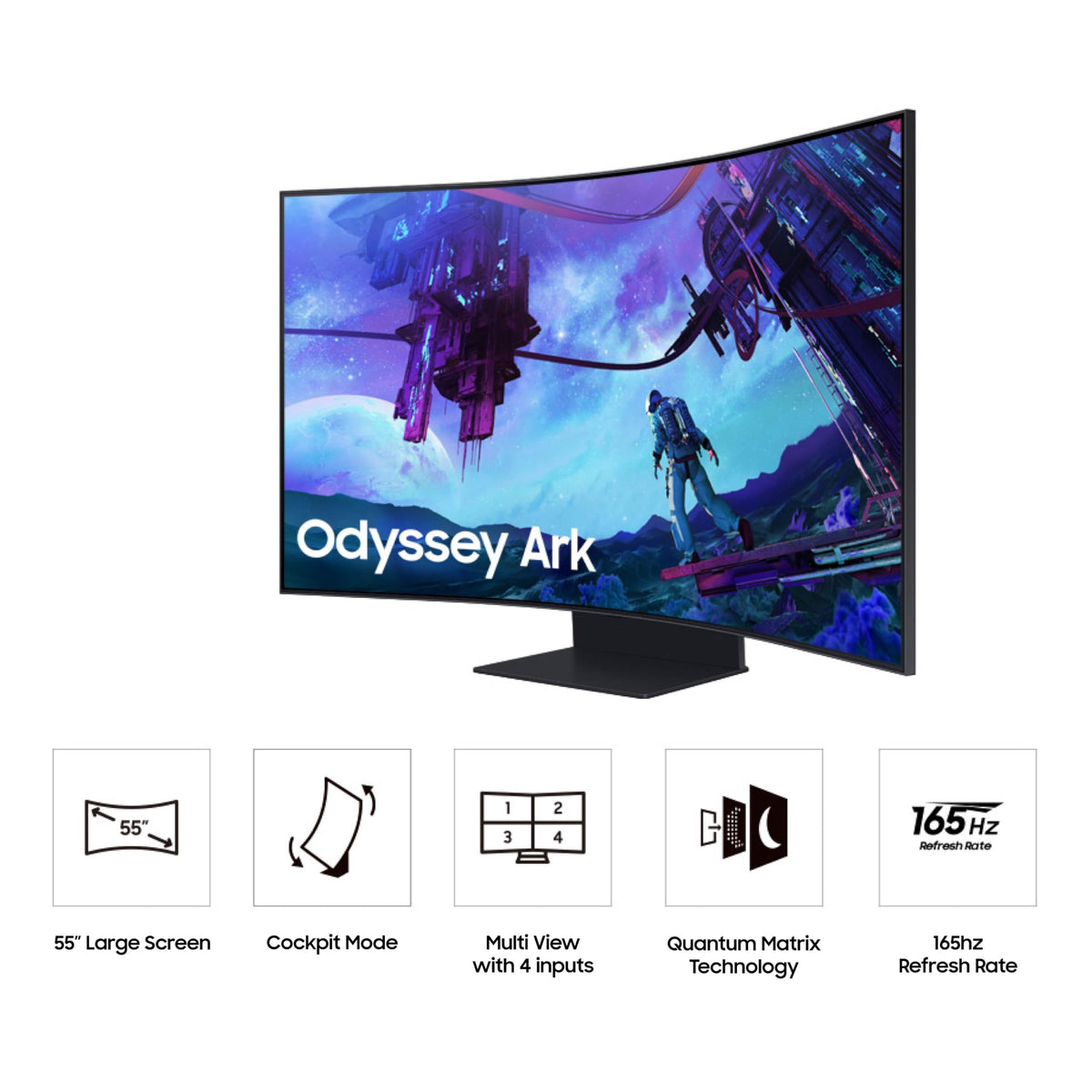 Samsung Odyssey Ark cockpit mode image demonstrating screen rotation and tilt