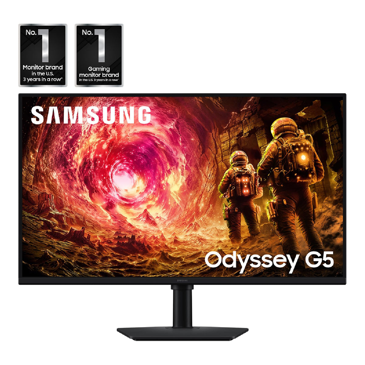 Samsung Odyssey G5 32-inch ergonomic stand showing adjustable height for comfort.