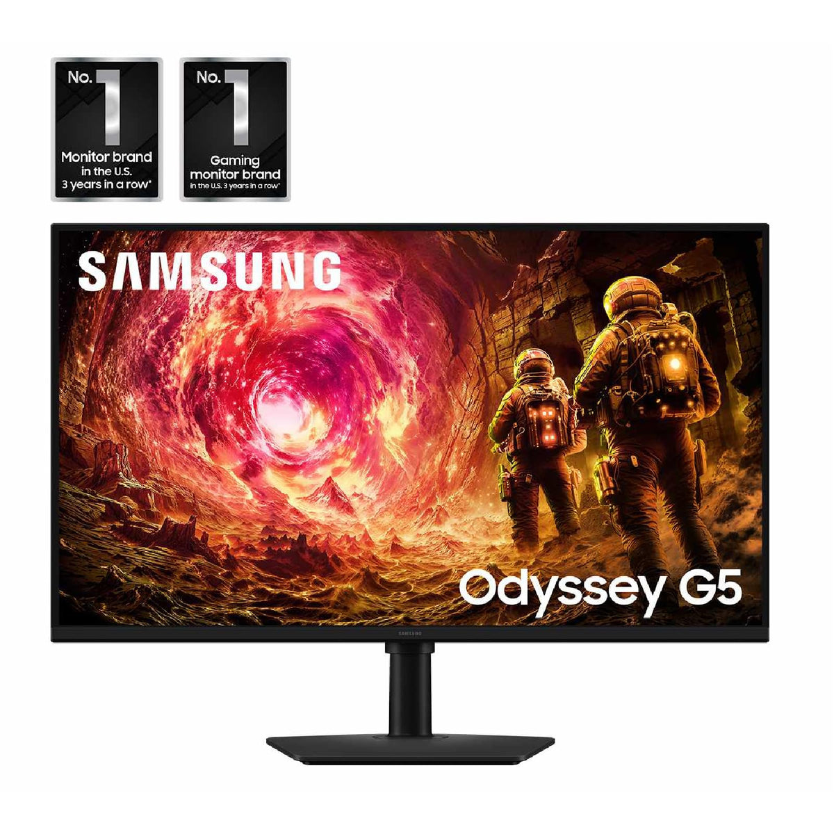 Samsung Odyssey G5 stand demonstrates height-adjustable setup for comfortable long sessions.