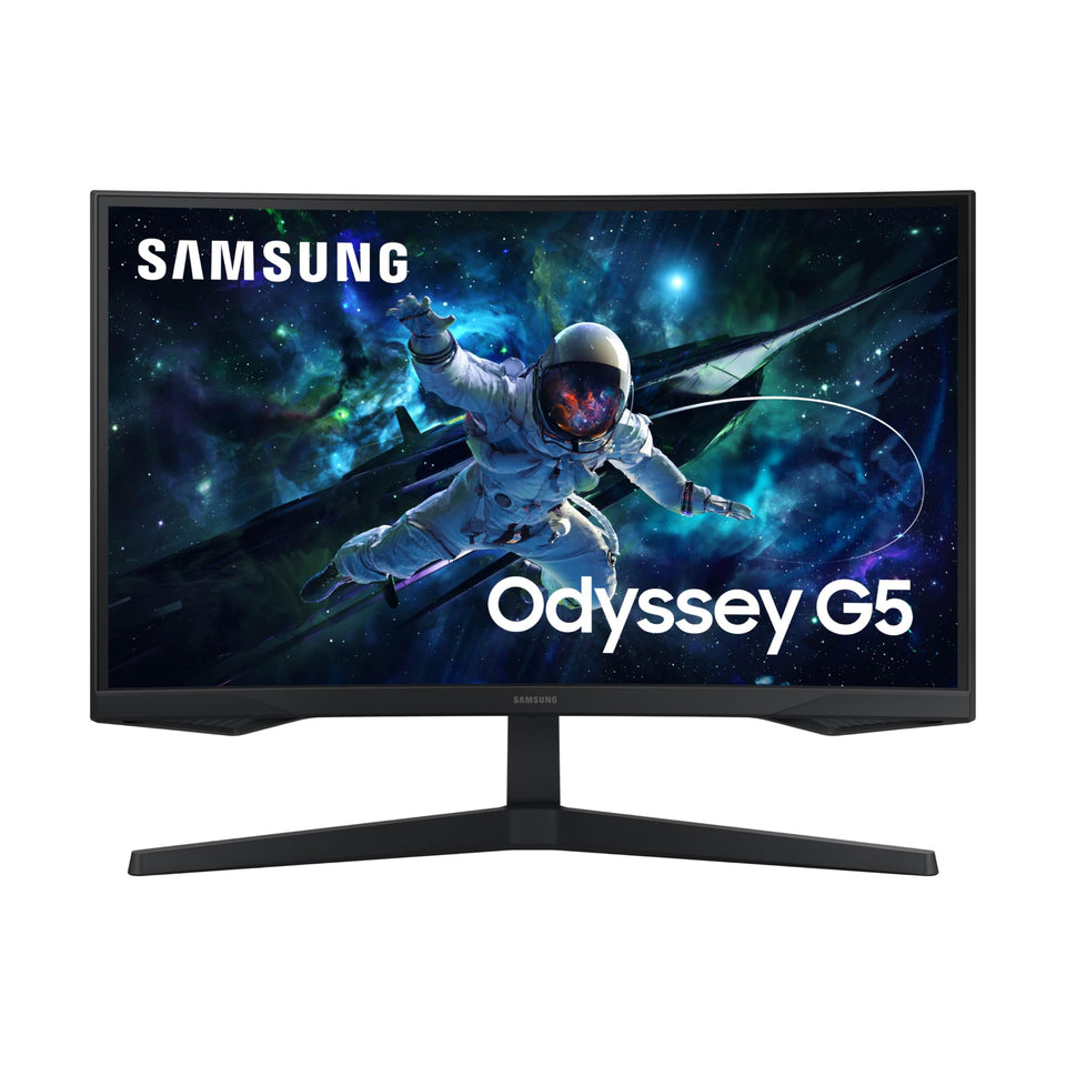Samsung Odyssey G55C front-angle view with sharp QHD details for immersive gameplay.