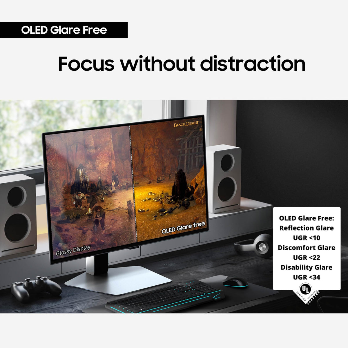 Samsung Odyssey G6 anti-glare panel reduces reflections for clearer play in bright rooms.