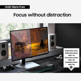 Samsung Odyssey G6 anti-glare panel reduces reflections for clearer play in bright rooms.