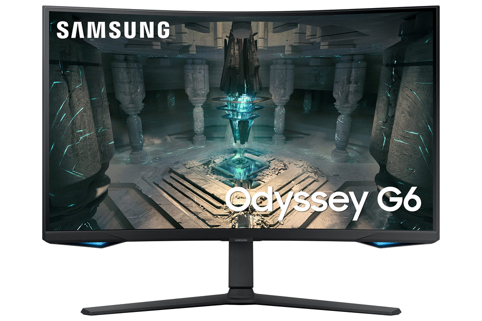 Samsung Odyssey G65B front view shows a sleek 27-inch curved panel for immersive gaming.