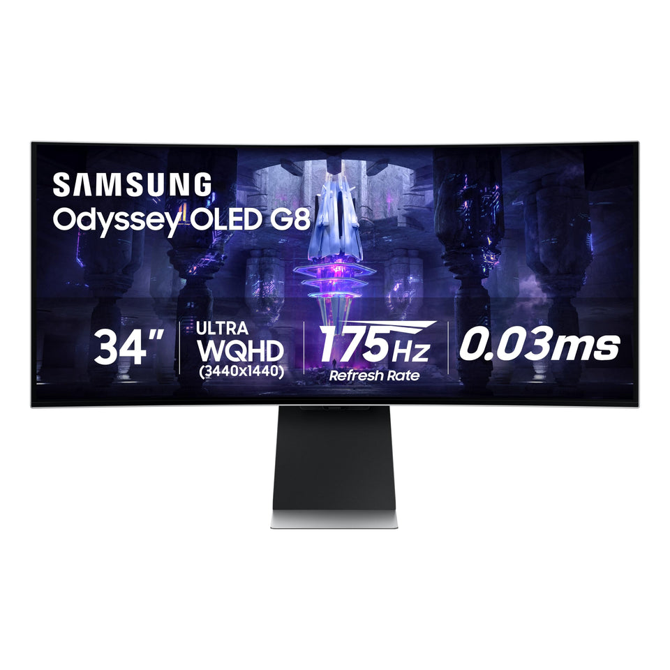 Samsung Odyssey G85SB front view showing curved display for immersive gaming