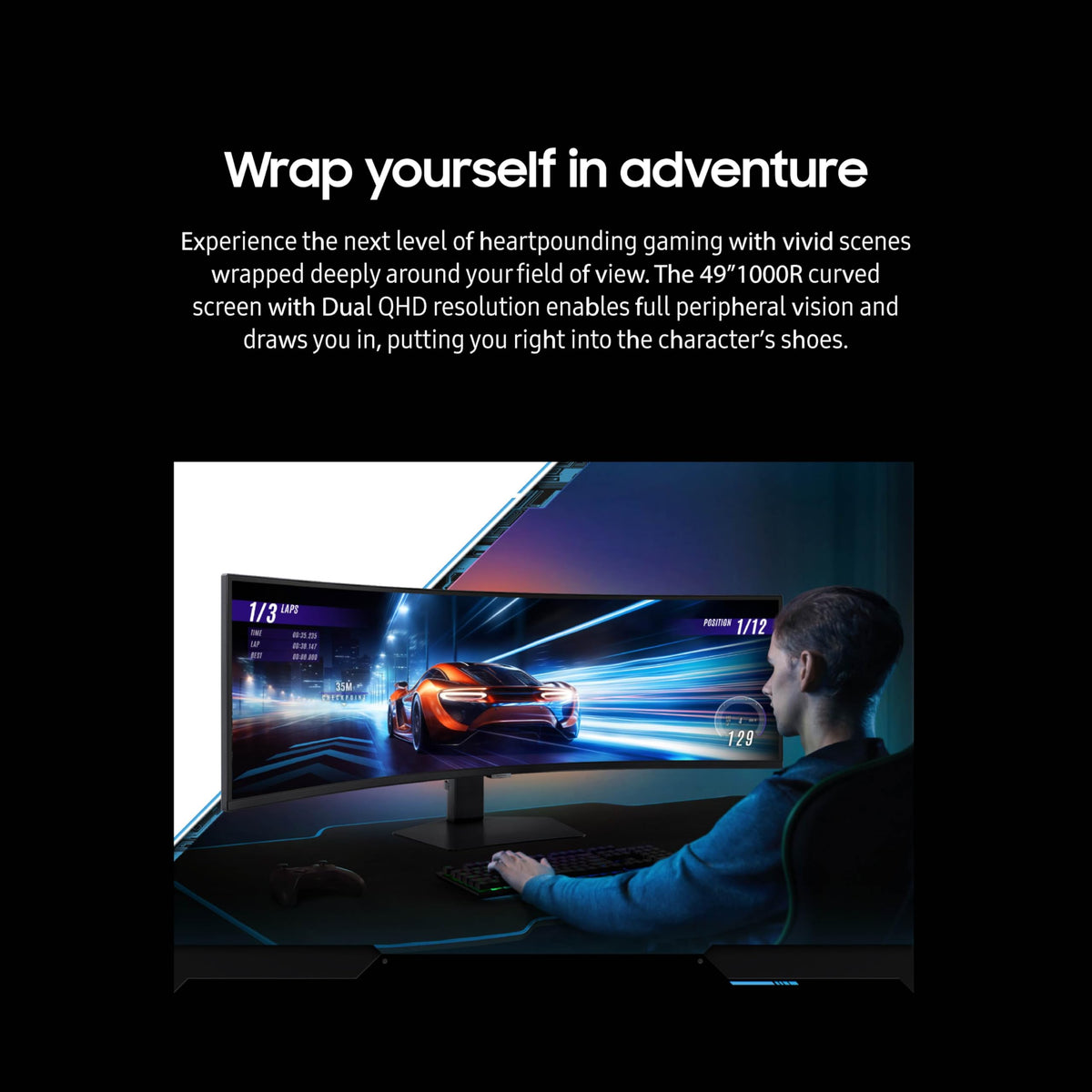 Samsung Odyssey G9 DisplayHDR 1000 boosts color depth and contrast for vivid scenes.