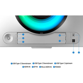 Samsung Odyssey G9 ergonomic slim metal design with adjustable stand.