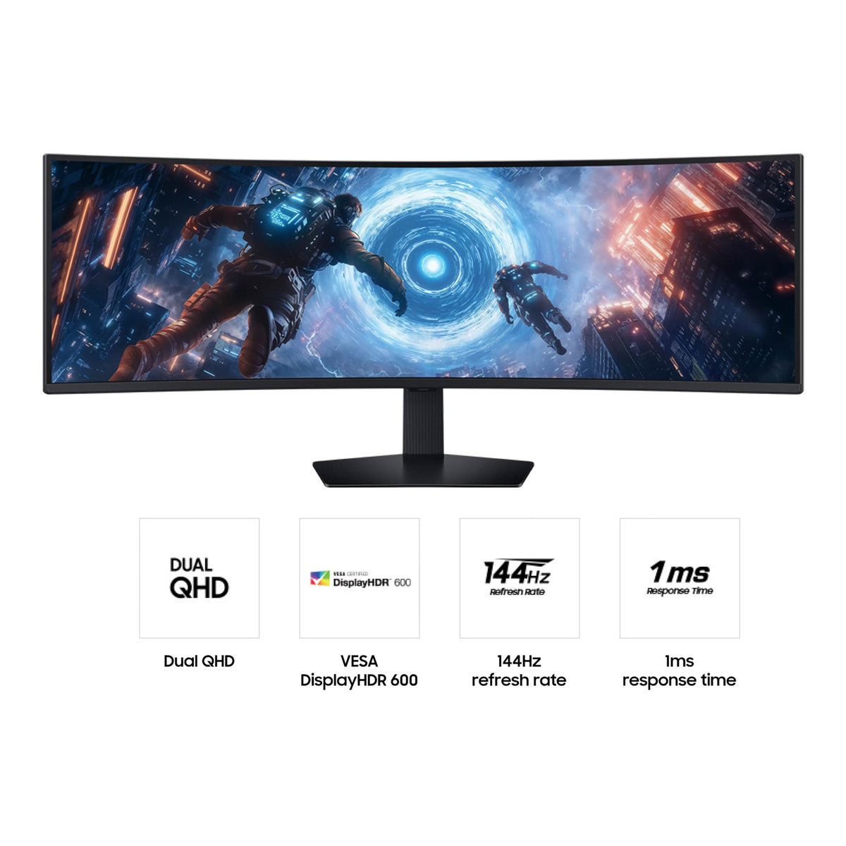 Samsung Odyssey G9 ultra-wide 32:9 panel enhances multitasking and wide viewing.