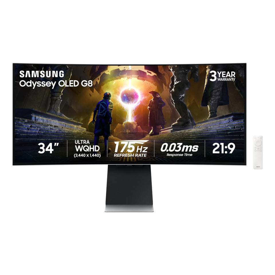Samsung Odyssey OLED G8 curve display shows immersive Ultra‑WQHD visuals