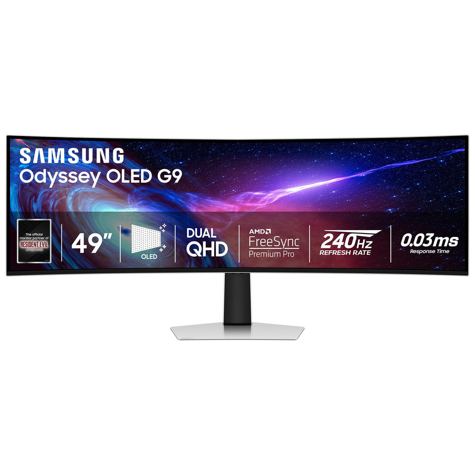 Samsung Odyssey QD-OLED 49-inch curved monitor with vivid colors for immersive gaming.