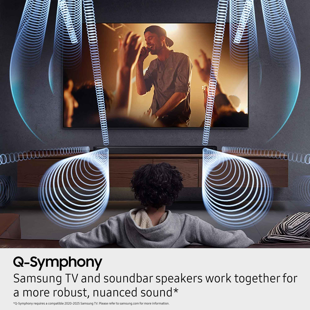 Samsung Q990F Q-Symphony with compatible TV for richer audio.