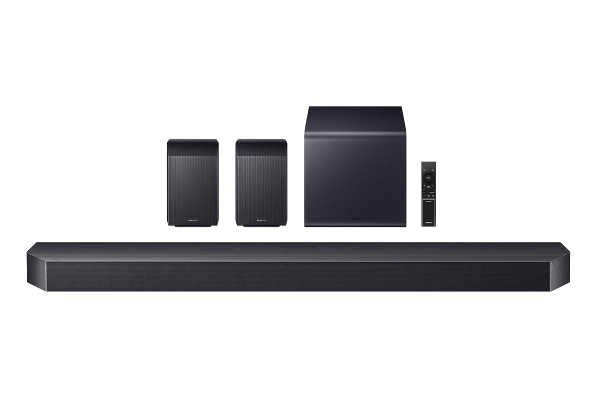 Samsung Q990F soundbar front view delivering immersive cinematic audio.