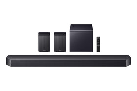 Samsung Q990F soundbar front view delivering immersive cinematic audio.