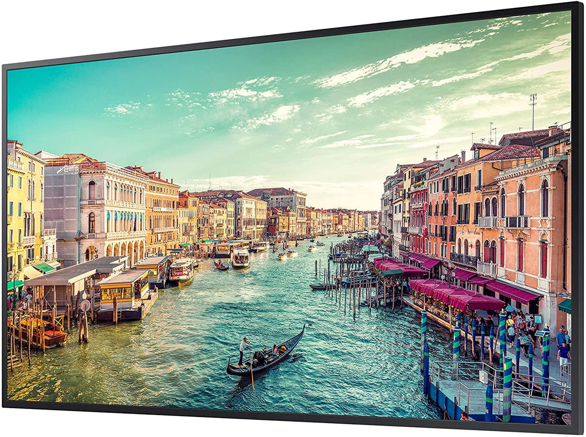 Samsung QM65R UHD signage bezel detail emphasizes durable, professional signage 24/7 operation.