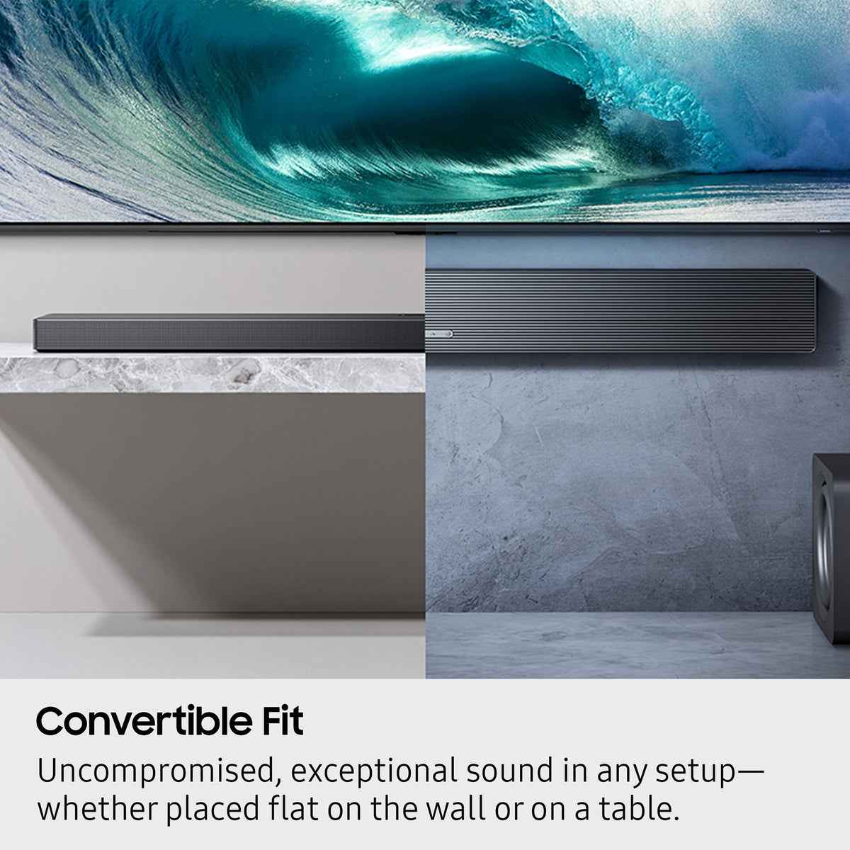 Samsung HW-QS700F subwoofer highlighting deep room-filling bass