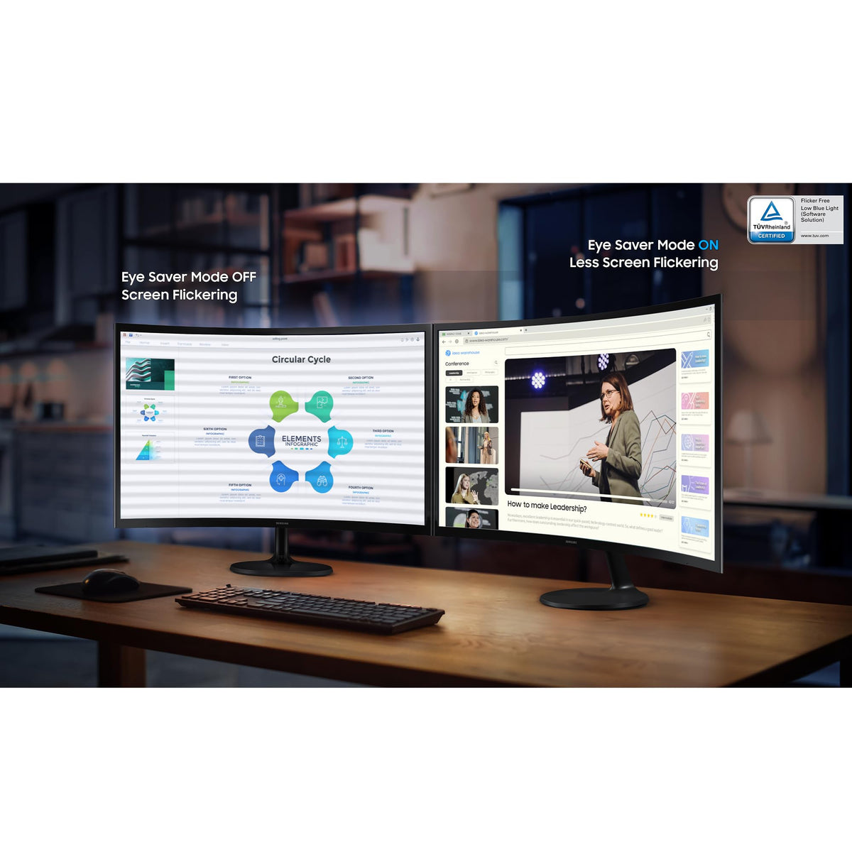 Samsung S27D36CG eye comfort TÜV-certified tech reduces strain