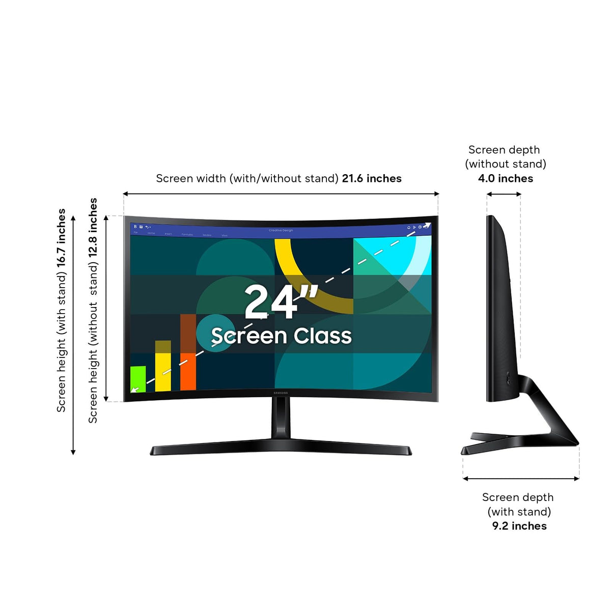 Samsung S3 curved monitor close-up of 1800R arc emphasizes immersive depth.