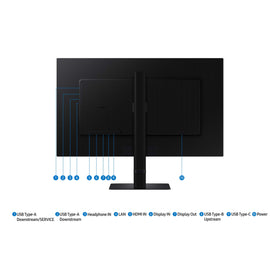 Samsung S60UD ergonomic adjustments show flexible tilt, swivel, and pivot.