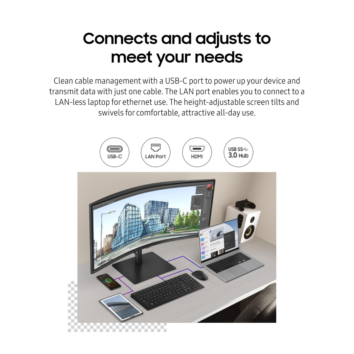 Samsung ViewFinity S65VC built-in KVM switch for multi-source control.