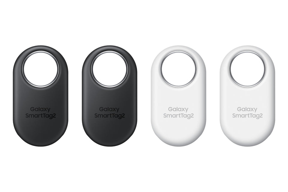 Samsung SmartTag2 front packaging showing four black and white tags for easy tracking