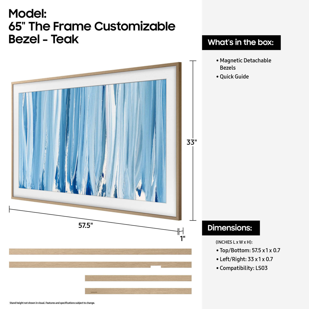 Samsung The Frame 65 bezel Magnetic attachment for quick style changes.