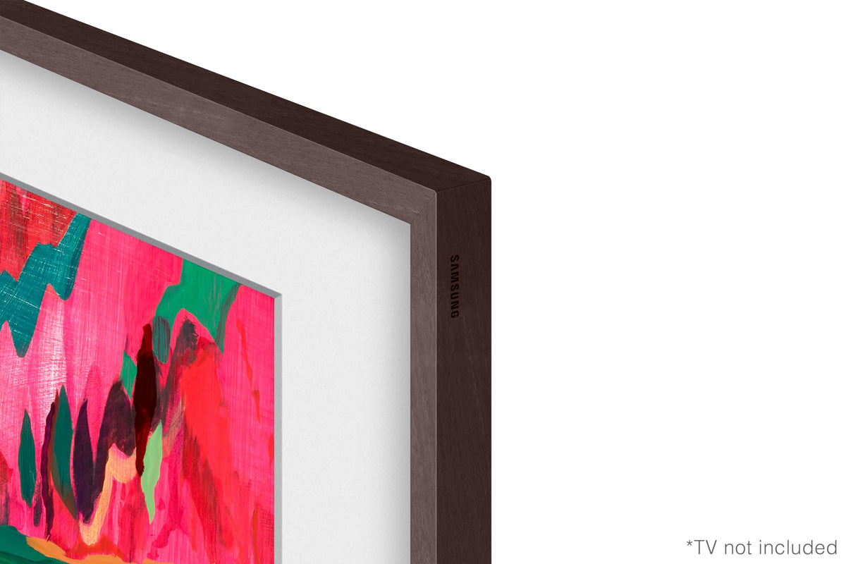 Samsung The Frame beveled brown bezel adds depth and elegance to media walls