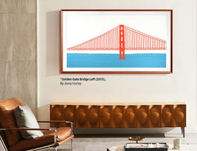 Samsung The Frame brick red bezel adds a bold accent to room décor.