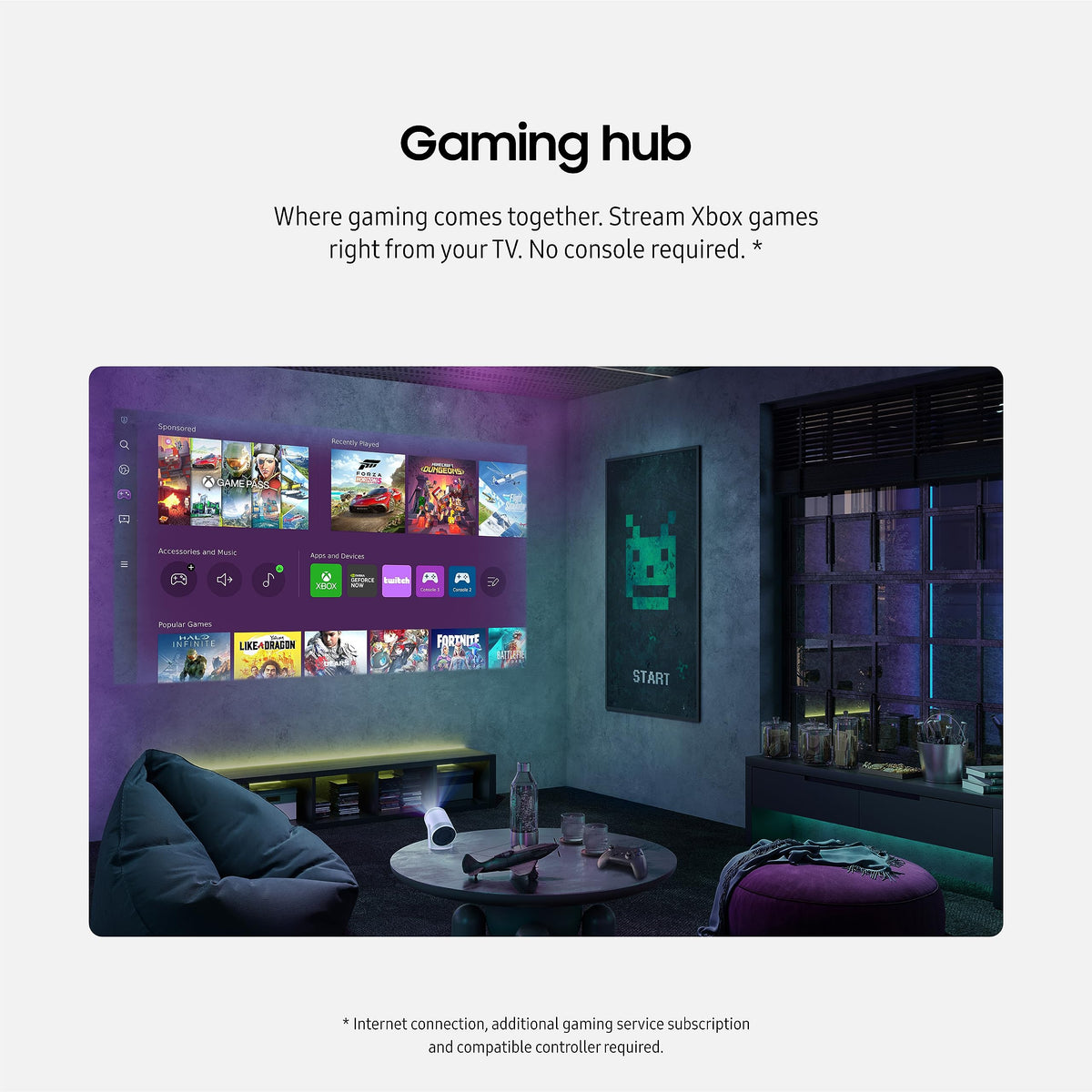 Samsung The Freestyle 2nd Gen projection setup shown for large-screen viewing.