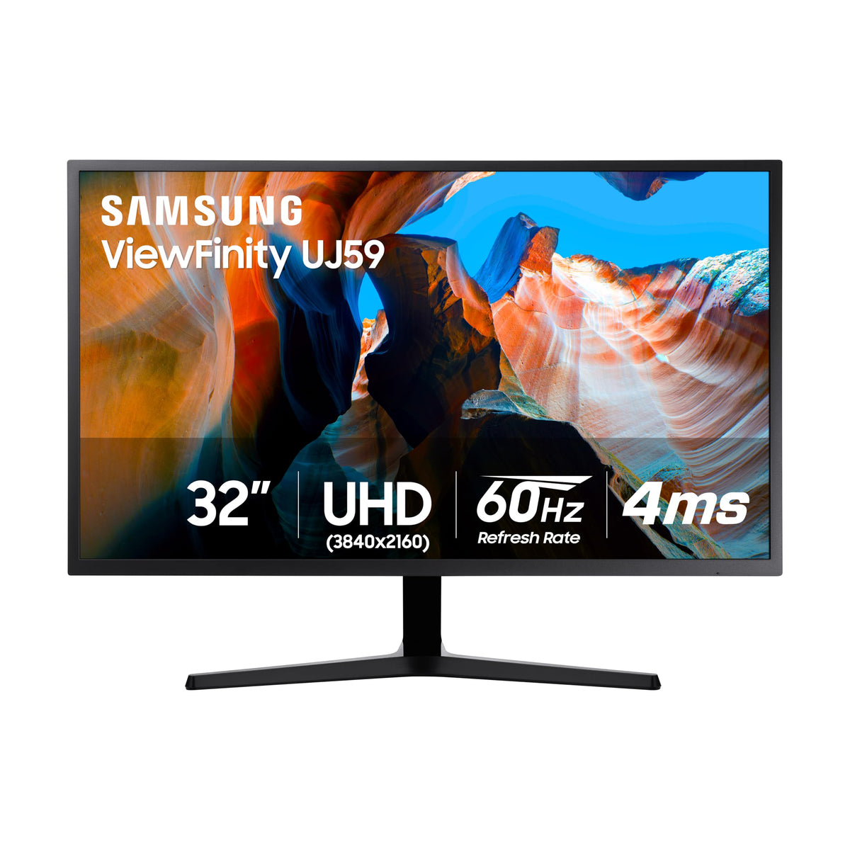 Samsung UJ59 32-inch front view shows 4K UHD clarity for immersive work and gaming.