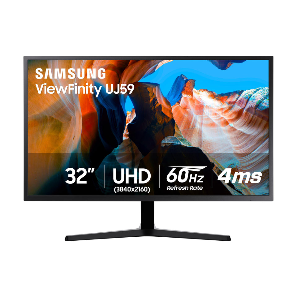 Samsung UJ59 32-inch front view shows 4K UHD clarity for immersive work and gaming.