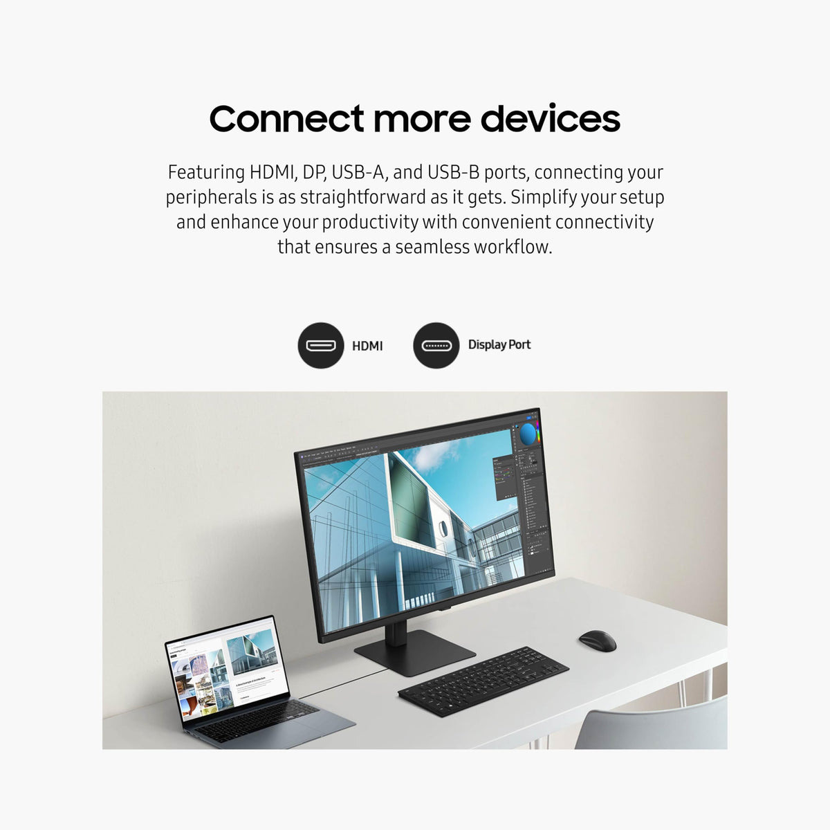 Samsung ViewFinity S7 workspace organization aids clean desk setup.