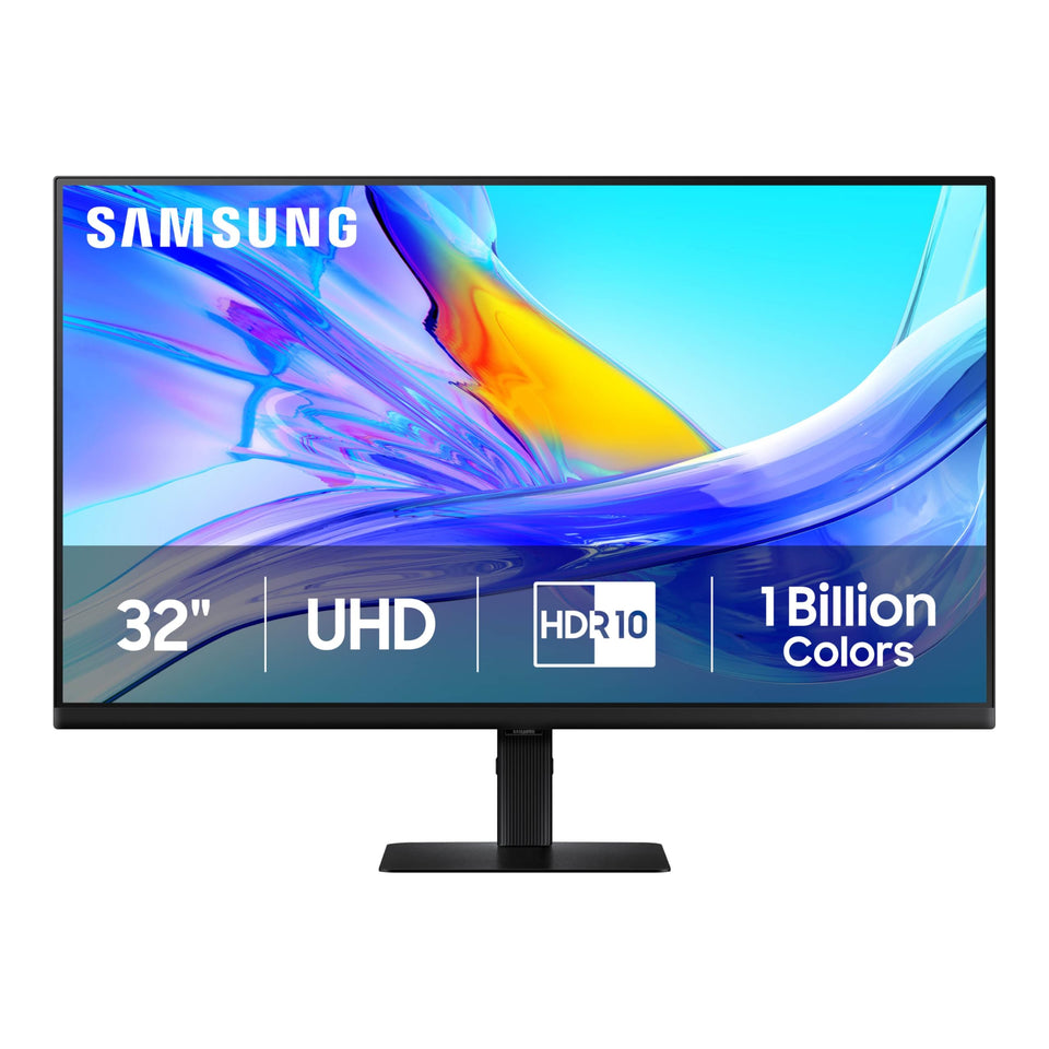 Samsung ViewFinity S8 front view with tilting height-adjustable stand for ergonomic comfort.