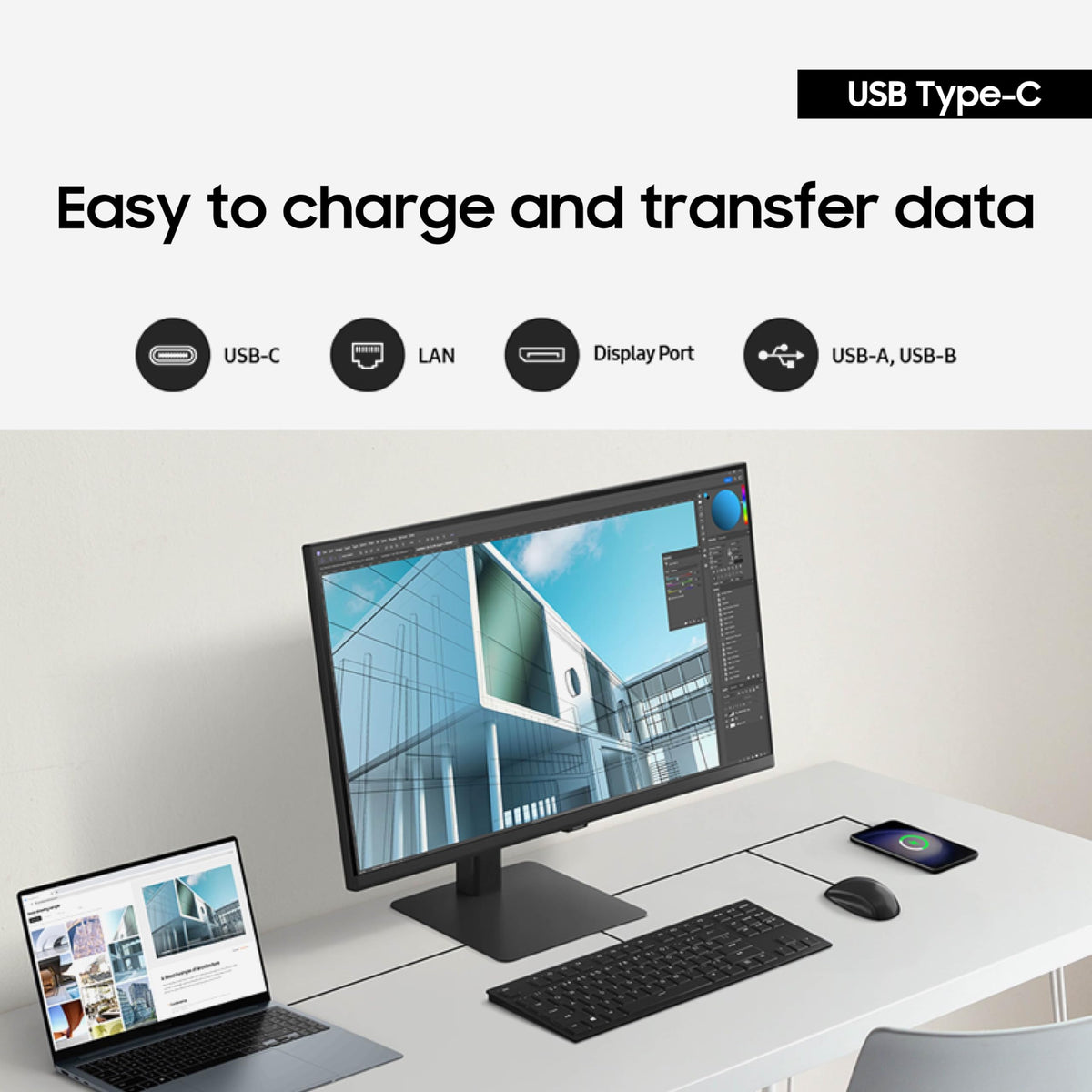 Samsung ViewFinity S8 pivots to 90 degrees for tall documents.