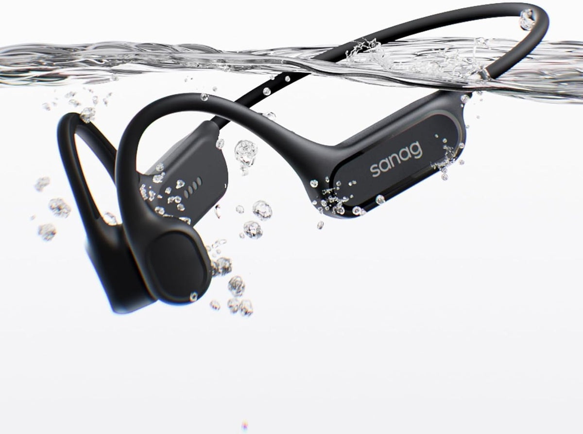 Sanag B33S front packaging showing waterproof bone conduction features and benefit for swimmers