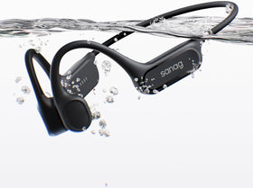 Sanag B33S front packaging showing waterproof bone conduction features and benefit for swimmers