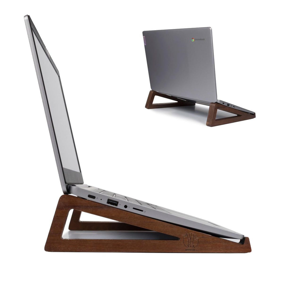 S&A Woodcraft wooden laptop stand on a desk, showcasing space-saving design and airflow.