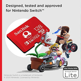 SanDisk 128GB card being inserted into a Nintendo Switch slot for added game storage on the go