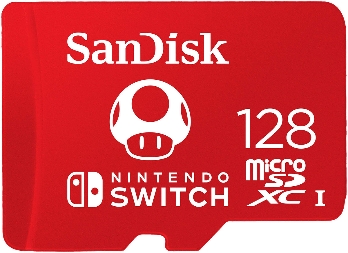 SanDisk 128GB microSDXC front packaging showing licensed Nintendo branding and fast storage benefits