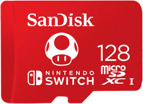 SanDisk 128GB microSDXC front packaging showing licensed Nintendo branding and fast storage benefits
