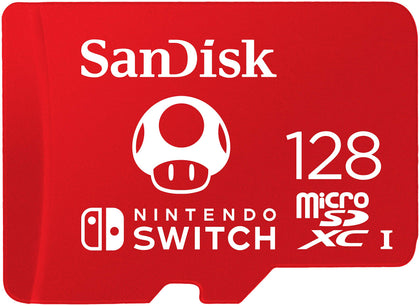 SanDisk 128GB microSDXC front packaging showing licensed Nintendo branding and fast storage benefits