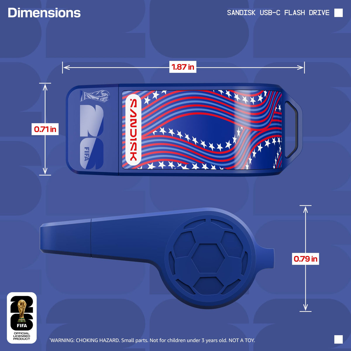 Sandisk whistle-inspired blue design detail emphasizing FIFA World Cup 2026 collectible appeal