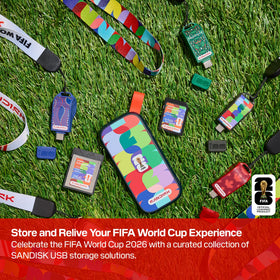 Sandisk drive with lanyard and sticker included, convenient for carrying and showing fan pride