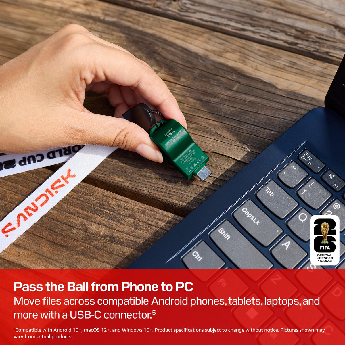 Sandisk connected to laptop during file transfer to show speed and seamless workflow