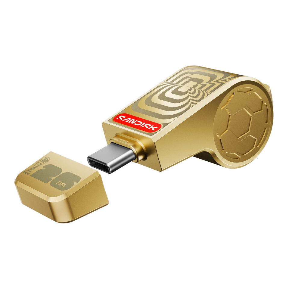 Sandisk gold front view showing collectible design and durable metal finish