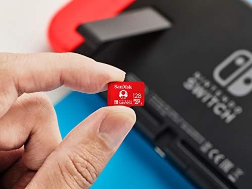 Detailed label of SanDisk microSDXC showing 128GB capacity and official Nintendo license for confidence