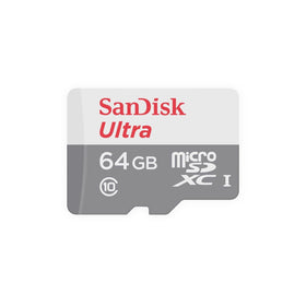 Sandisk 64GB microSD card label highlighting Class 10 performance for Full HD video