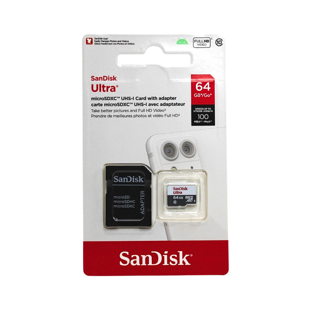Sandisk Made-for-Amazon 64GB microSD card packaging showing certification for Fire devices