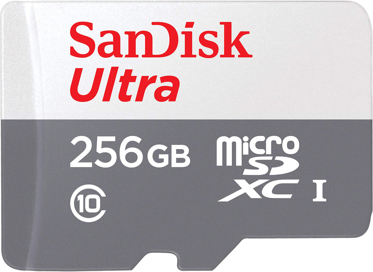 SanDisk 256GB microSD front packaging showing certification and reliable storage