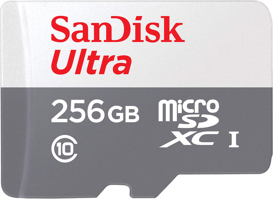 SanDisk 256GB microSD front packaging showing certification and reliable storage