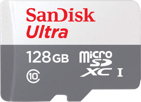 SanDisk microSD front packaging showing 128GB capacity and Made for Amazon compatibility benefits