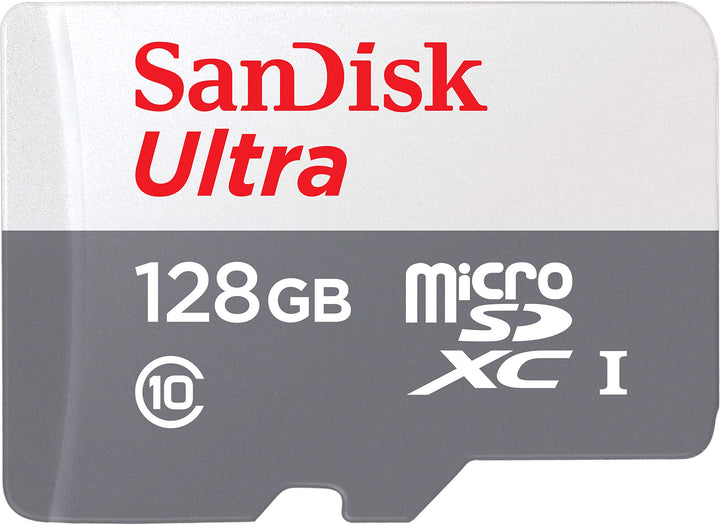 SanDisk microSD front packaging showing 128GB capacity and Made for Amazon compatibility benefits